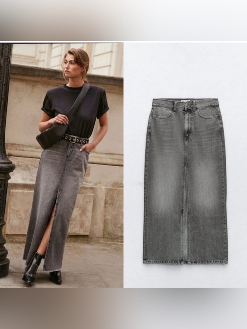 Zara Gray Denim Midi Skirt with Front Slit